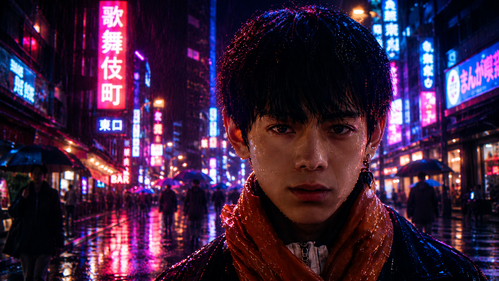 雨夜霓虹中的城市街道